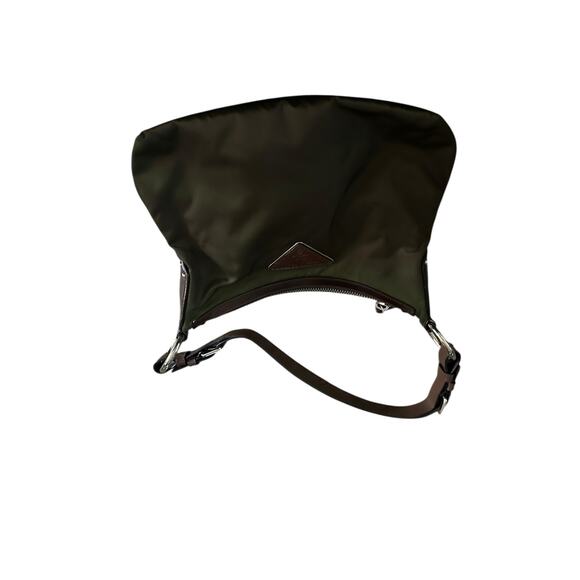 Prada Women khaki Green Brown Leather Trim silver Nylon Hobo Shoulder Bag purse - Picture 3 of 16